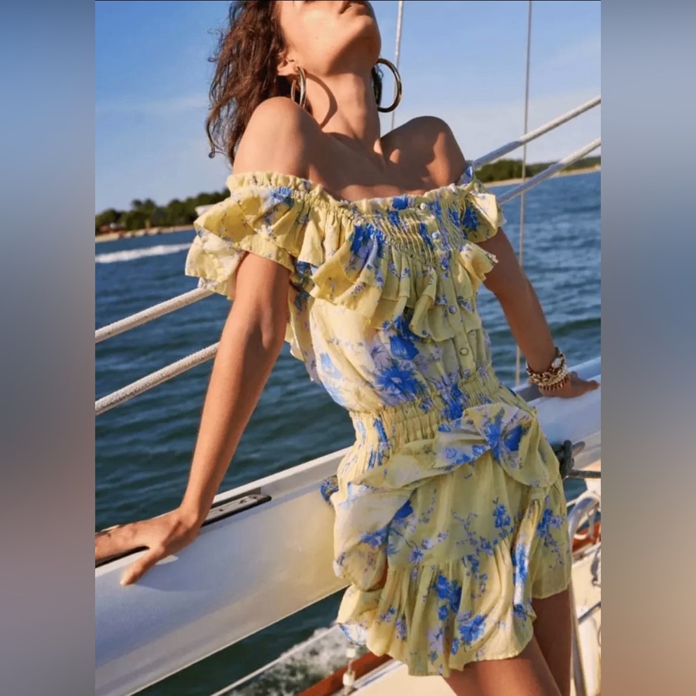 LoveShackFancy Yellow & Blue Floral Mini Dress XS Square Neck 
Love shack fancy